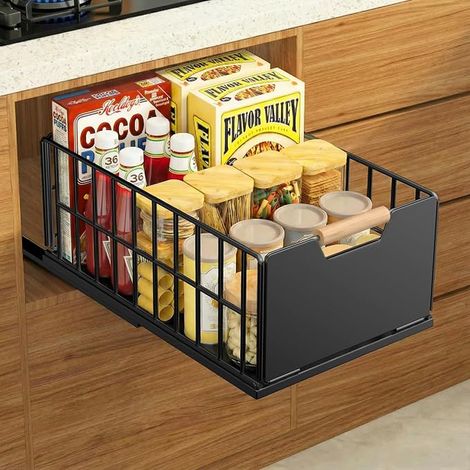 Kitchen Sliding Drawer, Deep Drawer Organizer with Drawer Slides and Wooden Handle, Telescopic Pull Metal for Kitchen Cabinets Organizer - 40x25×18CM (1/5)