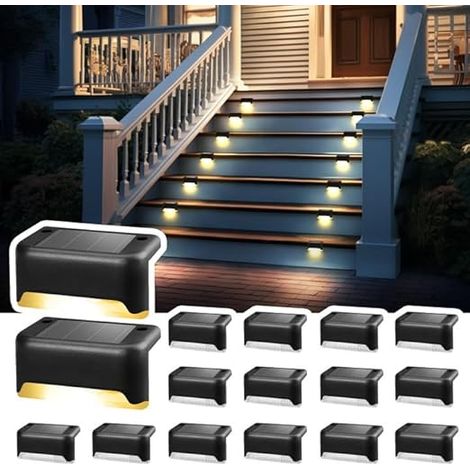 Lot de 16 lampes solaires pour extérieur, escaliers, lumières LED étanches pour escaliers extérieurs, marches, clôture, cour, terrasse, gouttière, allée, décoration (noir, blanc chaud) (1/5)