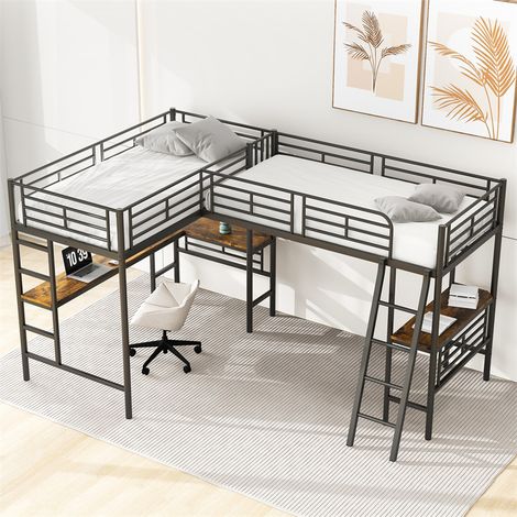 Hochbett 90x200 cm – zwei Betten – mit Tisch unter dem Bett – doppelte Treppe – hohe Geländer – Lattenrost – Schwarz