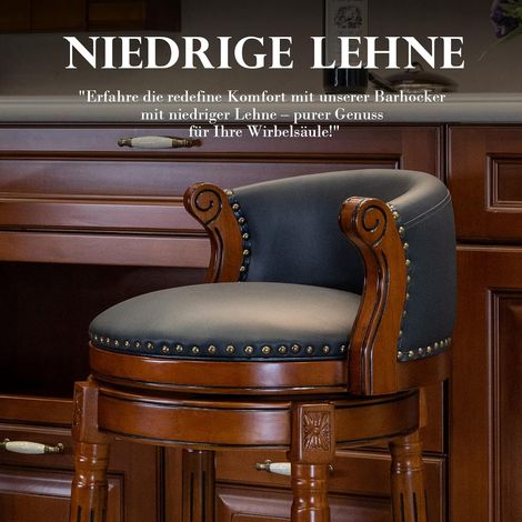 Lot de 2 tabourets de bar – Cuir et bois, assise en cuir, pivotants 360° avec dossier – Idéaux pour cuisine, salle à manger ou bar (1/5)