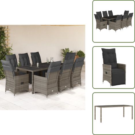 The Living Store Ensemble de bistro de jardin 9 pcs coussins gris poly rotin - Salon De Jardin - Set De Salon De Jardin - Mobilier De Jardin - Fauteuil Pliable - Chaises Pliantes