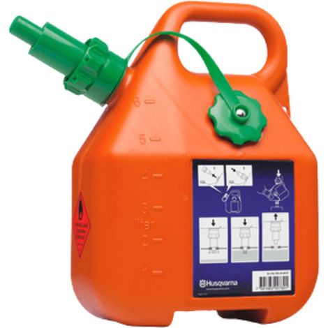 Tanica di carburante Husqvarna da 6 litri, arancione, con tappo antigoccia, per benzina.