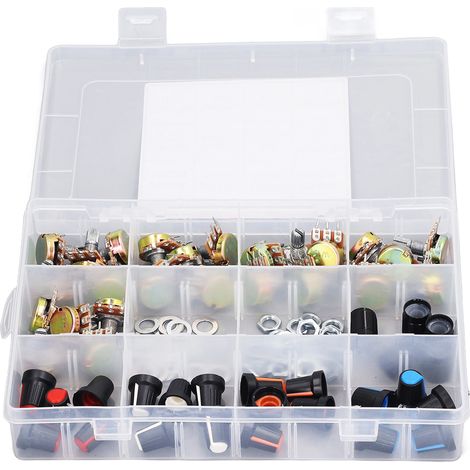 Kit d'assortiment de 75 potentiomètres B5K B10K B20K B50K B100K, potentiomètres linéaires rotatifs à variation d'ohm avec bouton, écrou et rondelle (1/5)