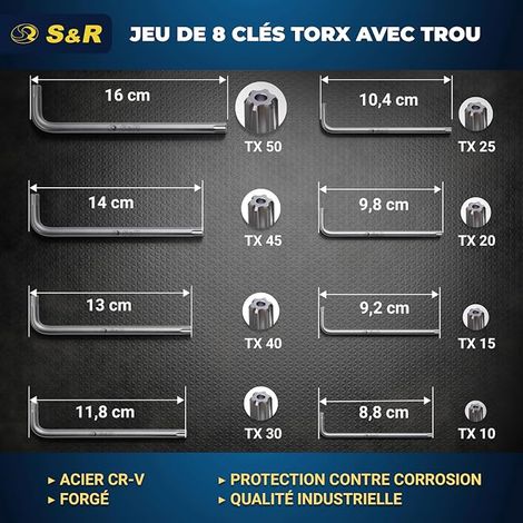 Torx Keys - Set of 8 Torx Torx Allen Keys with Star Holes TX10 – TX50 for Bicycles Mounting and Assembly (1/4)