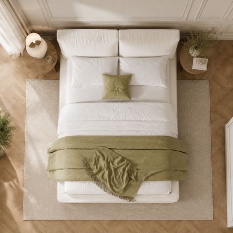 Lit double capitonné 160x200cm, sommier à lattes inclus, tête de lit rembourrée, tissu chenille beige, literie élégante et confortable (1/5)