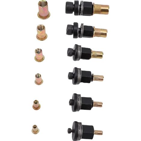 Jeu de 6 outils pour écrous à riveter, mandrin de rechange et embout de nez en acier rapide M3 M4 M5 M6 M8 M10, adapté aux pistolets à écrous à riveter manuels, pièces de rechange. (1/5)