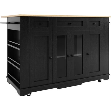 Isla de cocina negra con encimera efecto madera, vidrio templado y compartimentos ajustables HOMVRA (1/5)