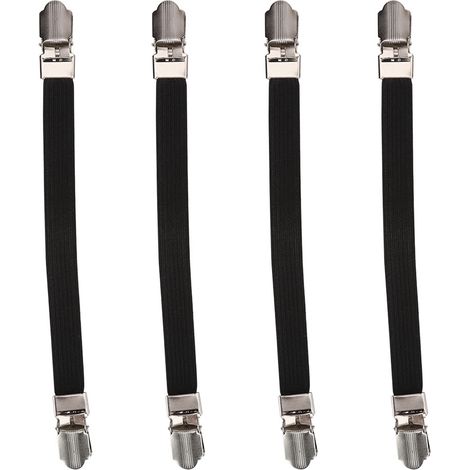 Juego de 4 correas elásticas cruzadas para sábanas bajeras, con clips de doble cabeza y cierres de sujeción, color negro. (1/5)