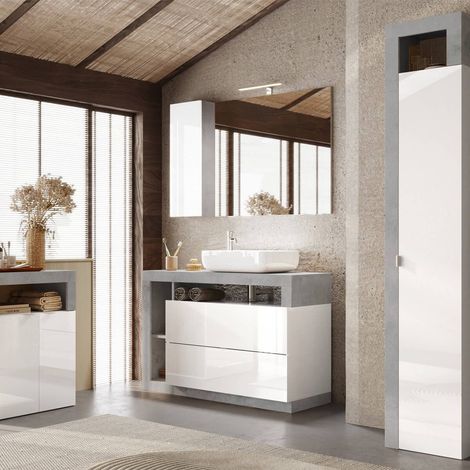 Ensemble meuble vasque 110cm + rangement + armoire 1P blanc et aspect béton - ARTURO