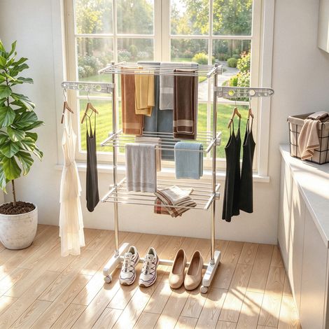 Étendoir à linge mobile, 3 niveaux, pliable, argent et blanc (1/5)