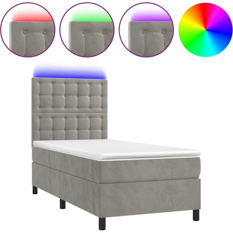 Estructura de cama LED con somier de láminas cabecero y colchón de 80x200cm en tejido de terciopelo gris claro TDL0208488 (1/5)