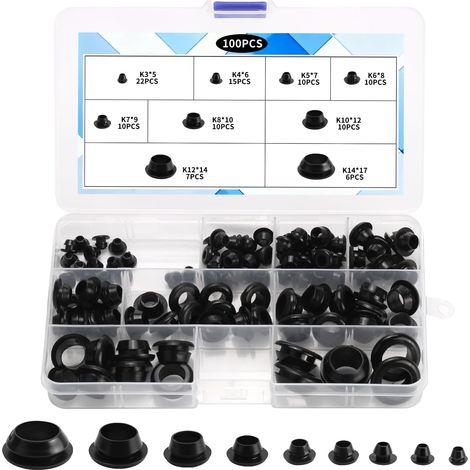 100 Pcs Passe-Fils en Caoutchouc 9 Tailles Protection et Isolation  3/4/5/6/7/8/10/12/14 mm, pour boîtiers, panneaux, armoires électriques et montage (1/5)