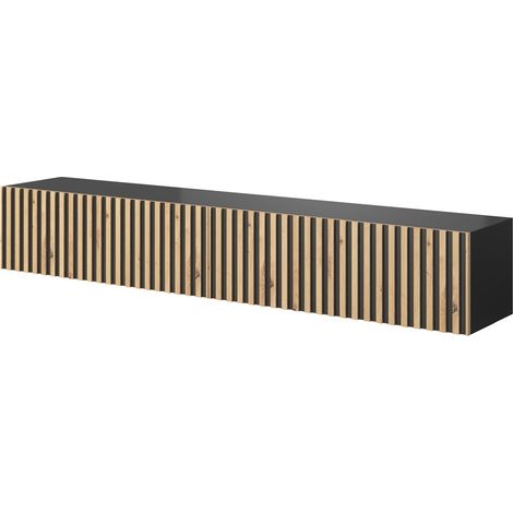 Meuble TV Suspendu Armoire De Télévision 175 cm À Lamelles Noir (1/5)