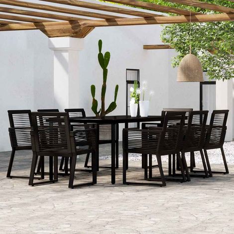 Ensemble de salle à manger de jardin 9 places – Table rectangulaire 200x100 cm en acier et verre + 8 chaises en rotin PVC noir (1/5)