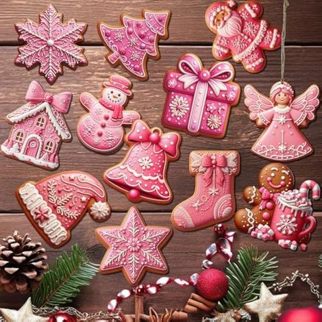 24 décorations roses pour sapin de Noël, décorations en bois pour sapin de Noël, décorations uniques pour sapin de Noël, décorations suspendues pour sapin de Noël, décorations en bois pour fête DIY (1/3)