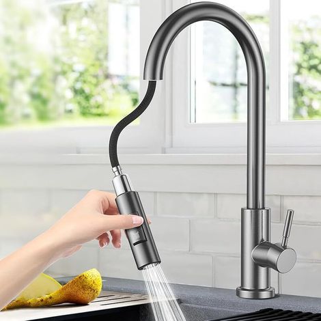 Grifo de cocina extraíble con base desmontable, grifo mezclador de agua fría y caliente estándar europeo G3/8" en acero inoxidable, grifo mezclador giratorio de 360° para fregadero (gris).