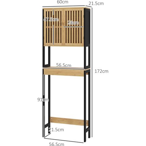 Étagère de rangement pour toilettes (avec deux portes à lattes et une étagère ouverte), 60 x 21,5 x 172 cm, grain de bois. (1/5)