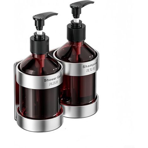 Lot de 2 distributeurs de gel douche mural à recharge facile Plastique, acier inoxydable, résistant à la rouille, accent argenté, usage quotidien (1/5)