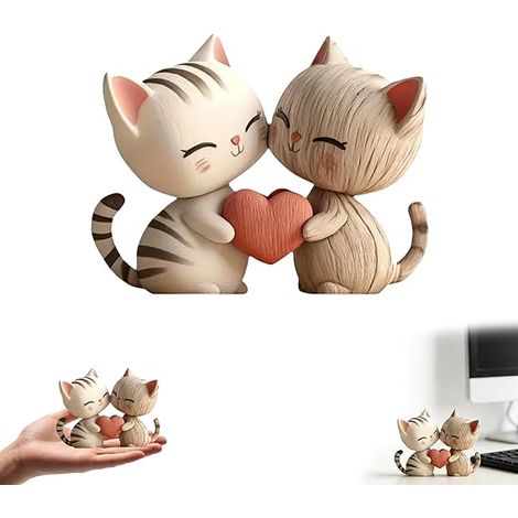 Sculpture Bois Couple Chats Décoration Bureau Plate 2D Figurines Chat Collectionner Maison Bureau Cadeau Amoureux Chats (1/5)