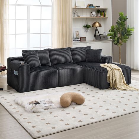 MODFU – Divano modulabile 257x90-160 cm in velluto a coste con 5 cuscini, portabicchieri, tasche, schiuma alta densità e carico 600 kg – Grigio (1/5)