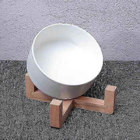 Gamelle en céramique avec base en bambou naturel, compatible avec les chats et les petits chiens, 850 ml, design inclinable, blanche (1/3)