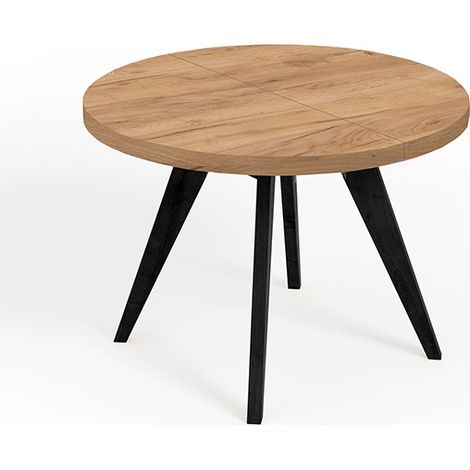 Table de salle à manger ronde extensible LORA, style loft, scandinave, diamètre : 100 / 200 cm, Couleur :Craft Golden / Noir (1/4)