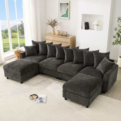 Sofá convertible modular en forma de U o L de 6 plazas con dos otomanos móviles, sofá esquinero moderno con puertos USB y Type-C, cojines ajustables y tela de felpa gofrada, color gris (1/5)