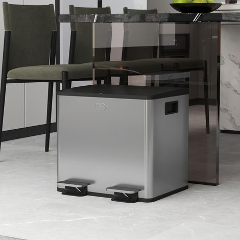 Küchenabfalleimer aus Edelstahl mit 2 Fächern (2 x 15 l), Pedalen, Soft-Close-Deckeln und herausnehmbarem Eimer – Silber