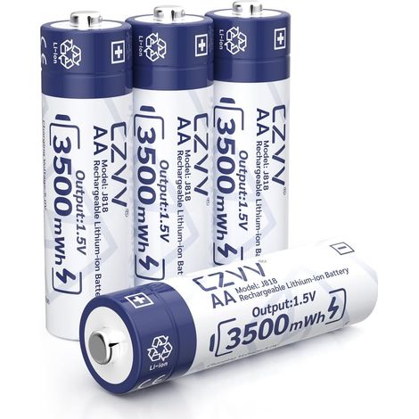 Piles Rechargeables Lithium AA 1,5V - 4 Pack Batterie Haute Capacité 3500mWh, 1300 Cycles, Accu Longue Durée10 Ans, Rappel de Batterie Faible, Sortie Constante, Aux Souris, Claviers, Manettes (1/5)