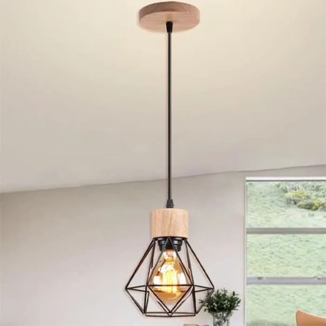 U-Do Lustre Intérieur design Créatif Suspension Cage en Métal Bois Noir E27 Lampe de Plafonde Luminaire Industriel pour Salon (1/4)