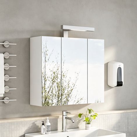 MODFU – Armoire toilette murale 60 cm MDF/verre – 3 portes miroir et étagères verre – LED et prise Schuko – Salle de bains – Blanc (1/5)