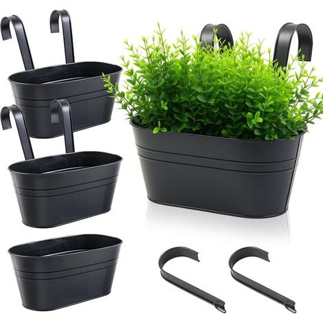 4er Set hängende Metallblumentöpfe, schwarze Blumentöpfe zum Aufhängen, Hängeblumenkübel mit abnehmbarem Haken für Balkon, Zaun und Garten (1/5)