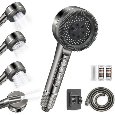 Gros Pommeau Douche Anti Calcaire Haute Pression, Pommeau de douche avec Filtre Economie Deau avec Tuyau Douche 1.5M et Support de Douche, 4 Types de Jets Pommeau De Douche avec Bouton D'arrêt D'eau (1/5)