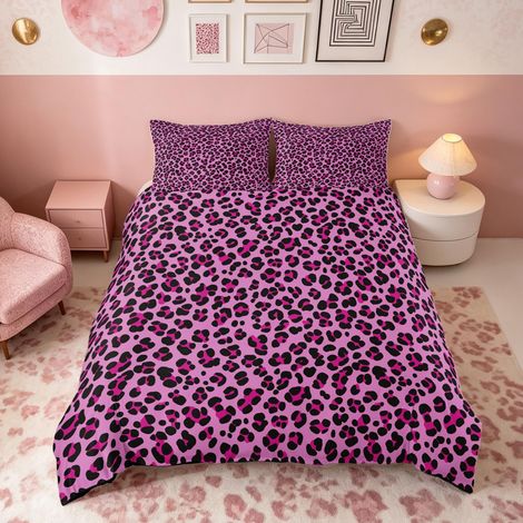 Parure de lit avec housse de couette de 135 x 200 cm, motif léopard, rose, motif de guépard, imprimé animal, safari, chambre à coucher, pour garçon et fille (1/5)