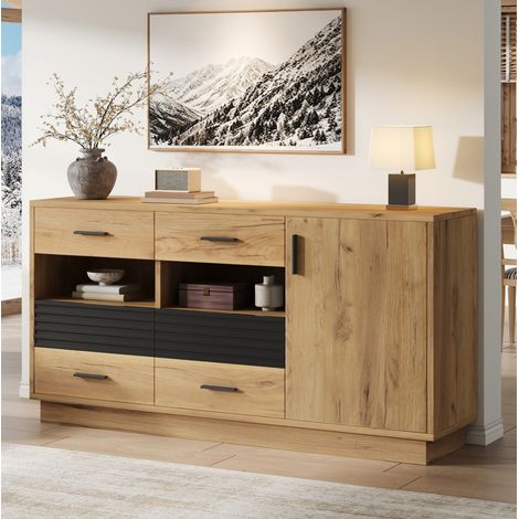 MODFU – Credenza contenitore 140x35x70 cm in MDF con 6 cassetti e 1 anta, 12 spazi e carico 30 kg – Rovere/nero (1/5)