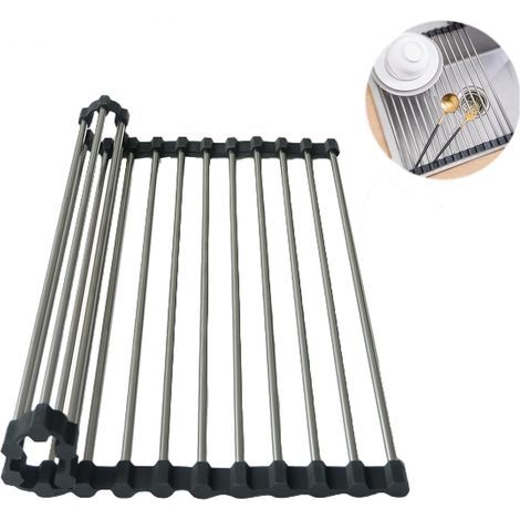 Égouttoir à Vaisselle Enroulable, égouttoir à Vaisselle au-Dessus de l'évier, égouttoir à Vaisselle Portable en Acier Inoxydable, Multifonction, Organiseur de Cuisine (Gris 43x35cm) (1/4)