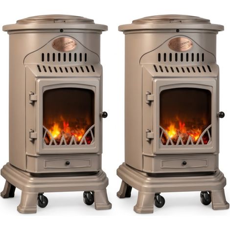 Pack de 2 poêles à gaz Provence Marron 3,4 kW Fonte Effet feu de bois Chauffage d'appoint sur roulettes Sahara (1/5)