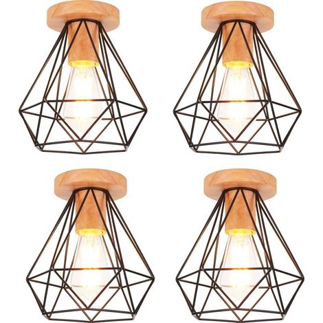 Lot de 4 Diamant Plafonnier Luminaire en Bois Lampe Plafond Vintage Rétro Industrielle Noir (1/5)
