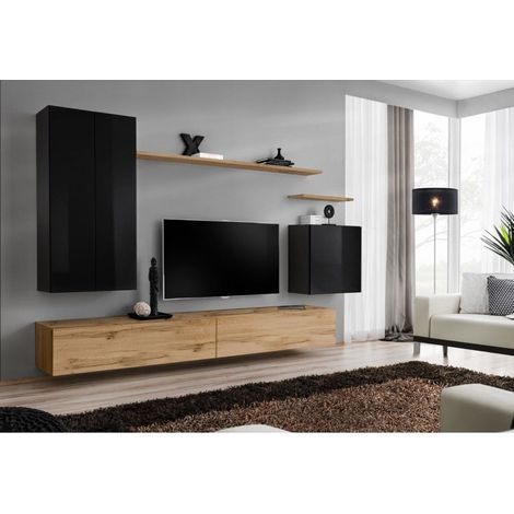 Ensemble mural - Switch XX - 1 vitrine LED - 1 banc TV - 1 étagère murale - Bois et noir - Modèle 2 - Livraison gratuite
