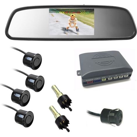 Trade Shop - Car Parking Kit 4 Black Sensors Reverse Camera Mirror Monitor - (1/5)