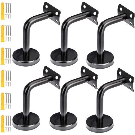 Lot de 6 supports de rampe d'escalier en acier inoxydable noir mat support de main courante pour rampe d'escalier, support en bois, tubes d'extension de vis inclus (1/5)