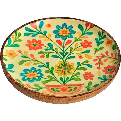 Piatto in legno e resina con fiori S - Decorazione colorata per la casa