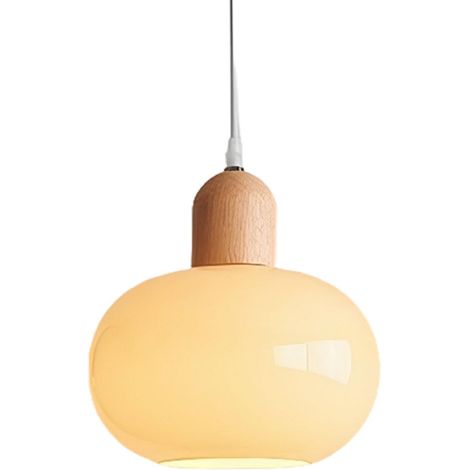 Suspension luminaire verre et bois de caoutchouc 20cm, style scandinave moderne, lampe suspendue E27, hauteur réglable pour chambre, salon, cuisine (22cm)