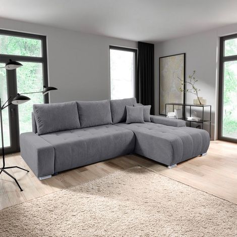 Canapé d'angle convertible droit 4 places coffre Jonas velours côtelé Gris (1/5)