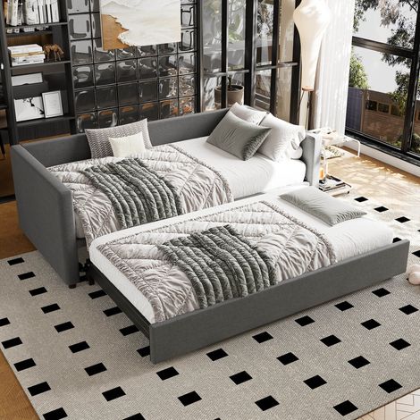 Upholstered Bed,Single Bed 90x190cm, Bottom with Bed 90x190cm, Can Be Joined into a Double Bed, Daybed Sofa Bed, Youth Bed, Linen, Grey (1/5)