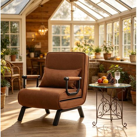 Fauteuil convertible 65x78x75 cm marron en lin et métal avec dossier réglable 3 en 1 (1/5)