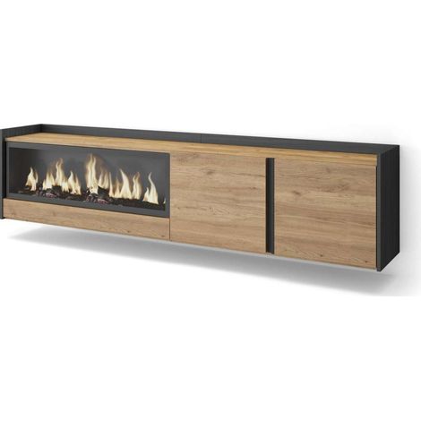 Mueble TV Salares-01 de 212x50x35 cm con chimenea eléctrica XXL suspendido, color roble y negro (1/4)