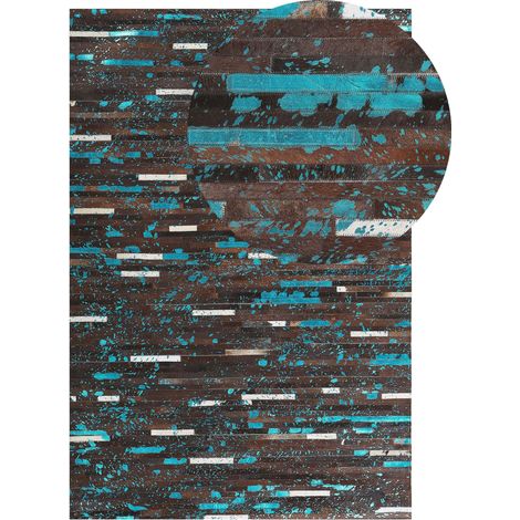 Tappeto in Pelle Marrone e Blu 140 x 200 cm Patchwork Kisir