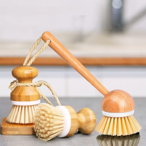 YMYNY Brosses à récurer Brosse à vaisselle en bambou Ensemble d'épurateurs de nettoyage en bois pour casseroles Casseroles Évier de cuisine Lavage de légumes, Ensemble de 3 (1/5)