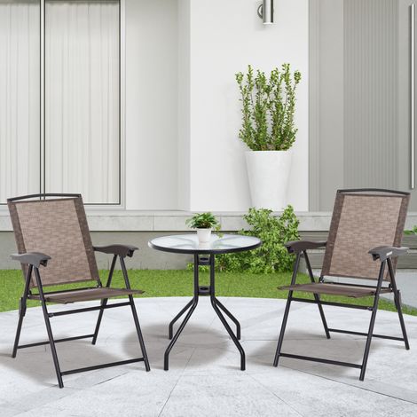 Outsunny 3-teiliges Garten-Set: 2 verstellbare Klappstühle + runder Tisch (Sicherheitsglas, Metall, Textilene) – Schokoladenbraun